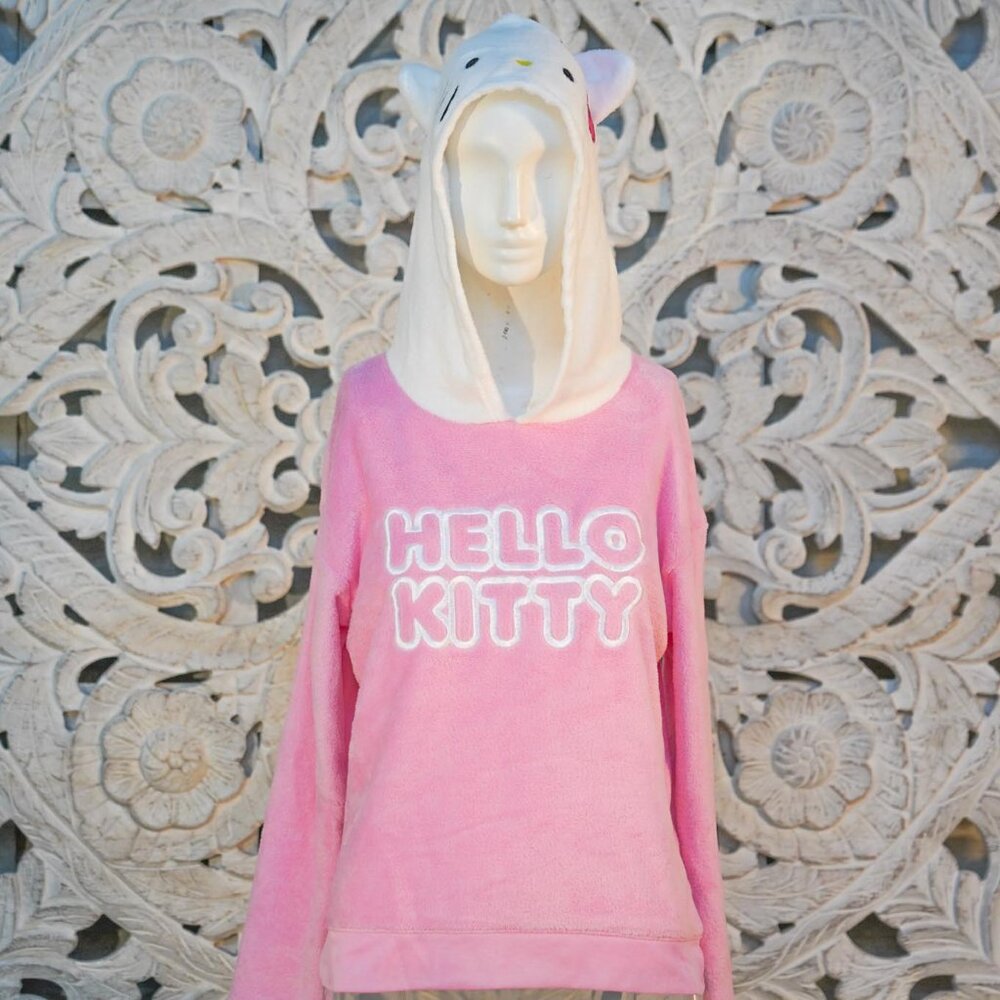 Hello Kitty Hoodie Pajama Top Small Pink Plush Sleepwear Cute Sanrio